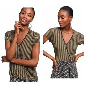 Anthropologie Maeve Olive Green Striped Leila Wrap Blouse XS